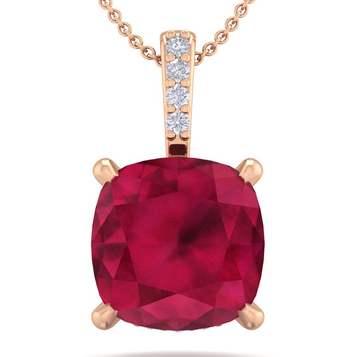 1.5 Carat Cushion Cut Ruby & Hidden Halo Diamond Necklace in 14K Rose Gold (1 gram), 18 Inches,  by SuperJeweler