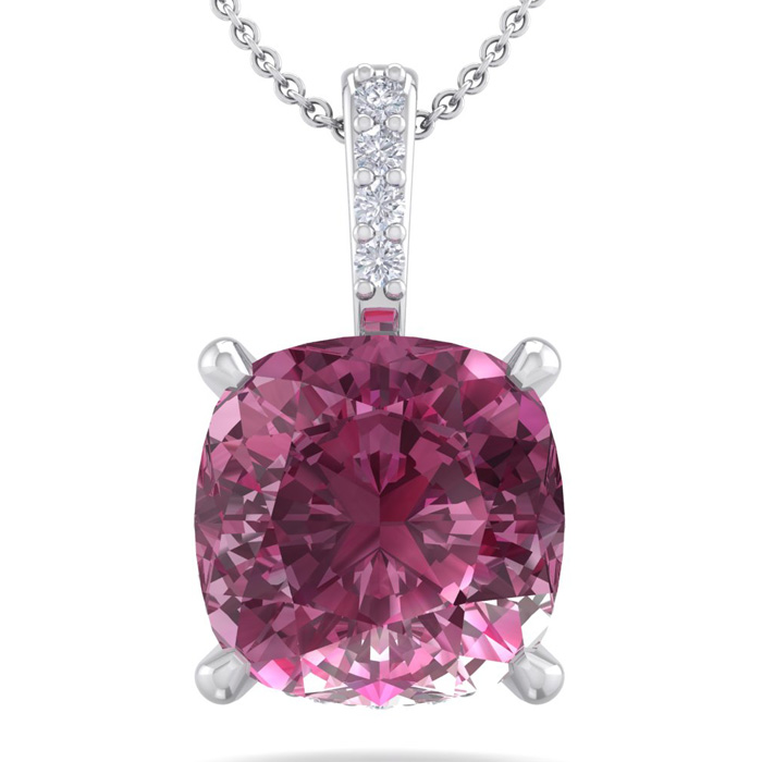 1 1/5 Carat Cushion Cut Pink Topaz & Hidden Halo Diamond Necklace in 14K White Gold (1 gram), 18 Inches,  by SuperJeweler