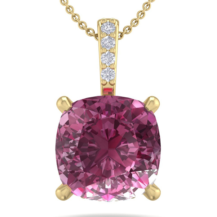 1 1/5 Carat Cushion Cut Pink Topaz & Hidden Halo Diamond Necklace in 14K Yellow Gold (1 gram), 18 Inches,  by SuperJeweler