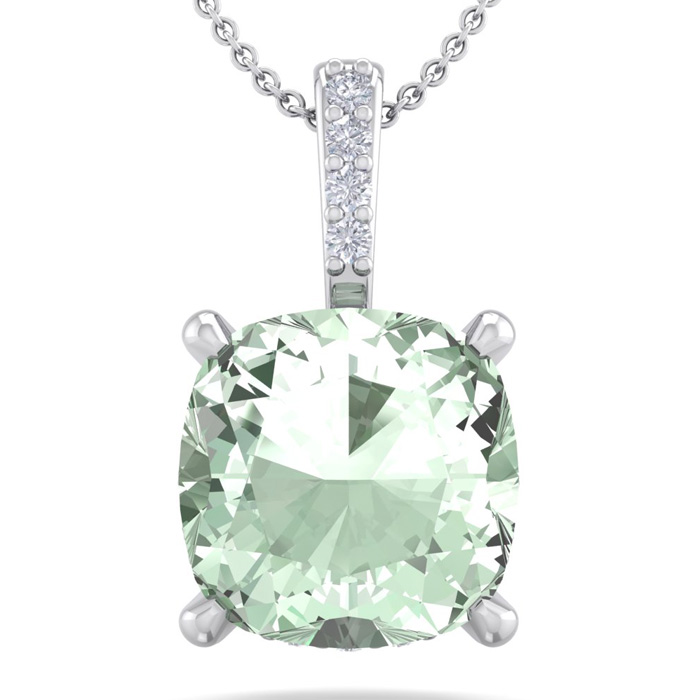 1 Carat Cushion Cut Green Amethyst & Hidden Halo Diamond Necklace In 14K White Gold (1 Gram), 18 Inches, I/J By SuperJeweler