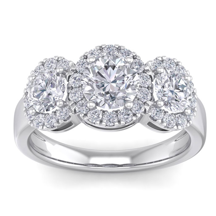 2.5 Carat Round Shape Halo Diamond Three Stone Engagement Ring in