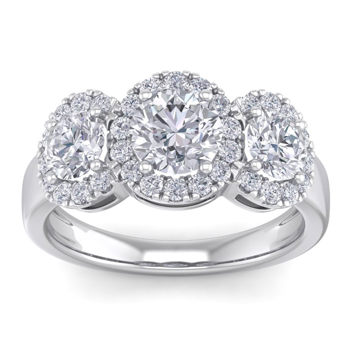2.5 Carat Round Shape Halo Diamond Three Stone Engagement Ring in 14K White Gold (4.30 g) (