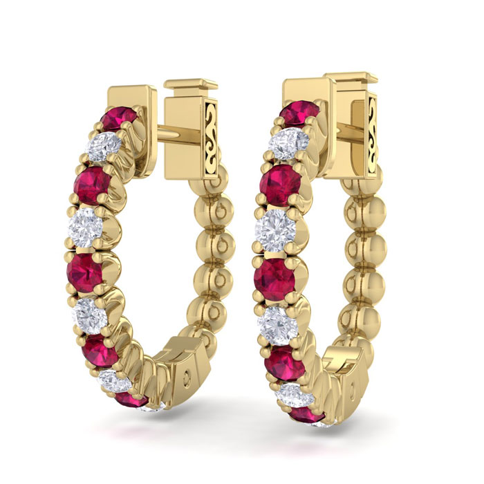 1/2 Carat Ruby & Diamond Hoop Earrings in 14K Yellow Gold (4.60 g), 1/2 Inch,  by SuperJeweler