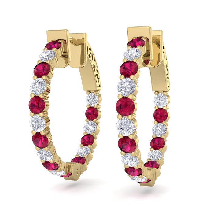 2 Carat Ruby & Diamond Hoop Earrings in 14K Yellow Gold (5.60 g), 3/4 Inch,  by SuperJeweler