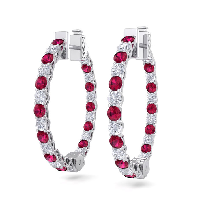 3 Carat Ruby & Diamond Hoop Earrings in 14K White Gold (7 g)  3/4