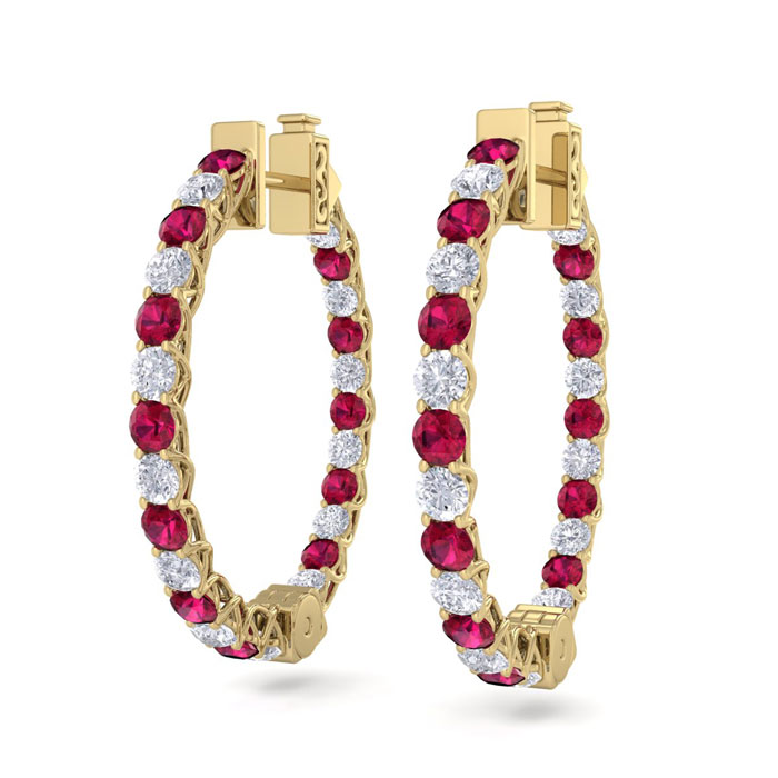 3 Carat Ruby & Diamond Hoop Earrings in 14K Yellow Gold (7 g)  3/4 Inch by SuperJeweler