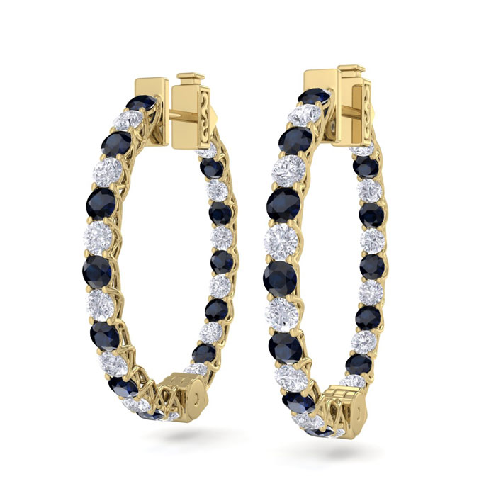 3 Carat Sapphire & Diamond Hoop Earrings in 14K Yellow Gold (7 g)  3/4 Inch by SuperJeweler