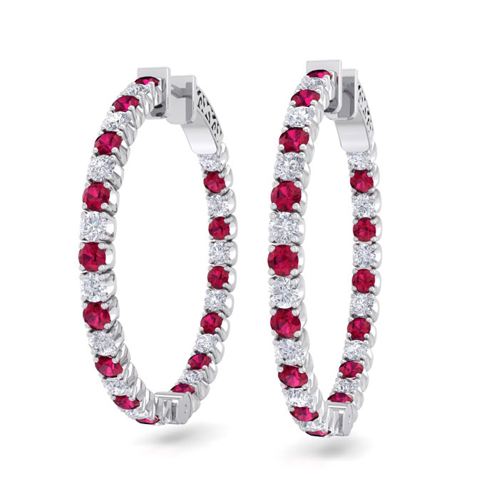 3 1/2 Carat Ruby & Diamond Hoop Earrings in 14K White Gold (12 g)