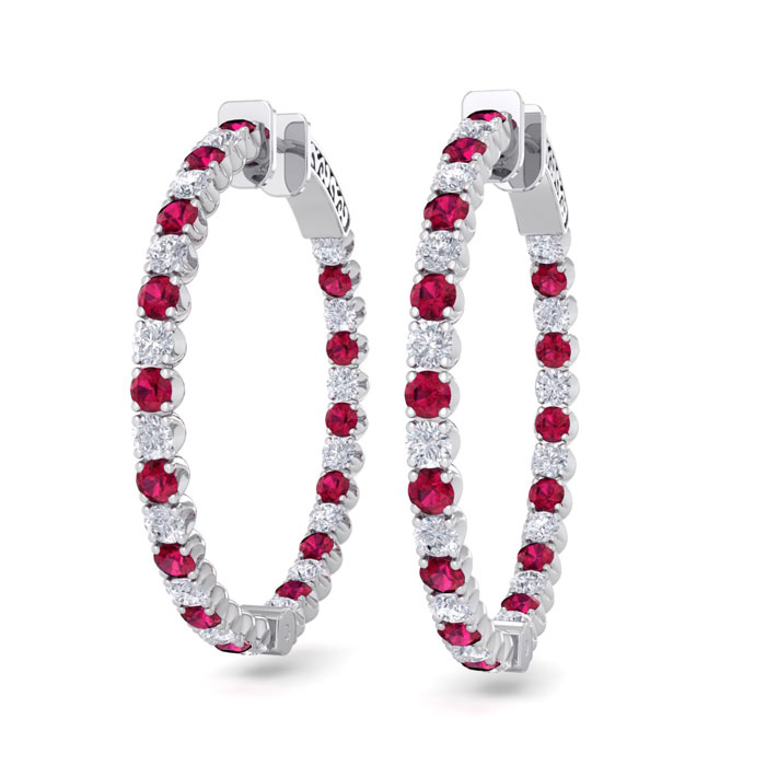 5 Carat Ruby & Diamond Hoop Earrings in 14K White Gold (14 g)  1.25 Inch by SuperJeweler