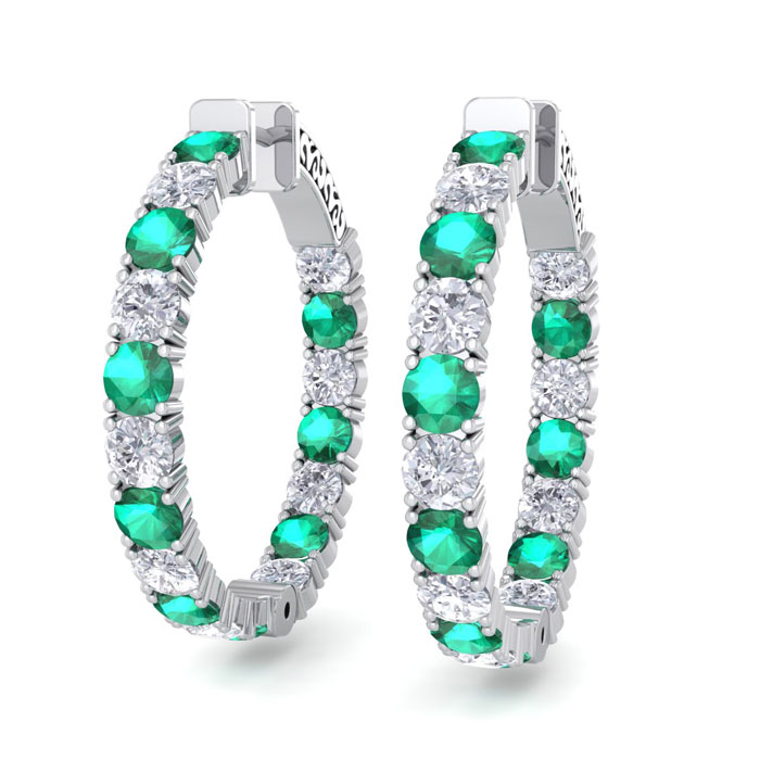 7 Carat Emerald Cut & Diamond Hoop Earrings in 14K White Gold (10 g)  1.25 Inch by SuperJeweler