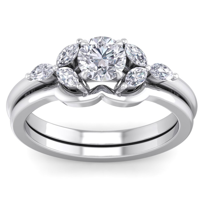 1 Carat Round & Marquise Diamond Bridal Ring Set in 14K White Gold (5 g) (, SI2-I1), Size 4 by SuperJeweler