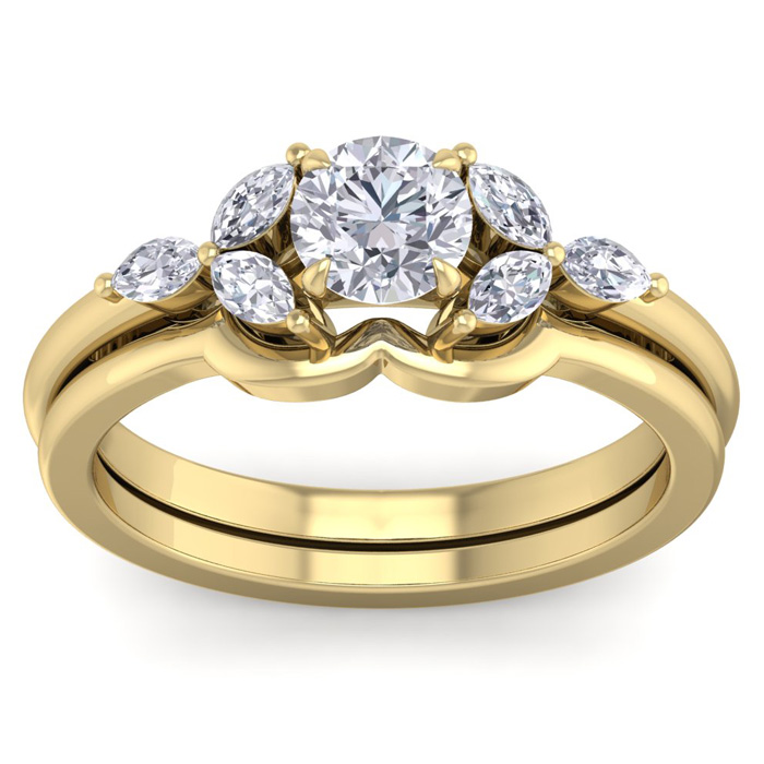 1 Carat Round & Marquise Diamond Bridal Ring Set in 14K Yellow Gold (5 g) (, SI2-I1), Size 4 by SuperJeweler