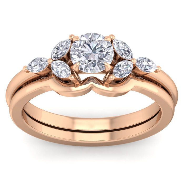 1 Carat Round & Marquise Diamond Bridal Ring Set in 14K Rose Gold (5 g) (, SI2-I1), Size 4 by SuperJeweler