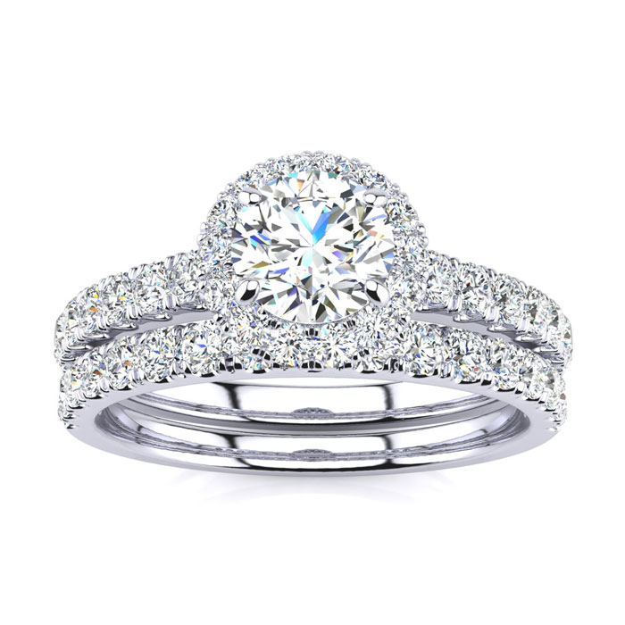 1/2 Carat Round Moissanite Halo Bridal Ring Set in 14K White Gold (5.30 g), E/F Color, Size 4 by SuperJeweler