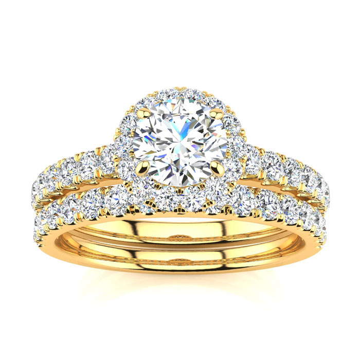 1/2 Carat Round Moissanite Halo Bridal Ring Set in 14K Yellow Gold (5.30 g), E/F Color, Size 4 by SuperJeweler