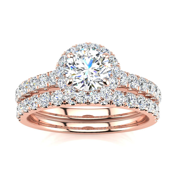 1/2 Carat Round Moissanite Halo Bridal Ring Set in 14K Rose Gold (5.30 g), E/F Color, Size 4 by SuperJeweler