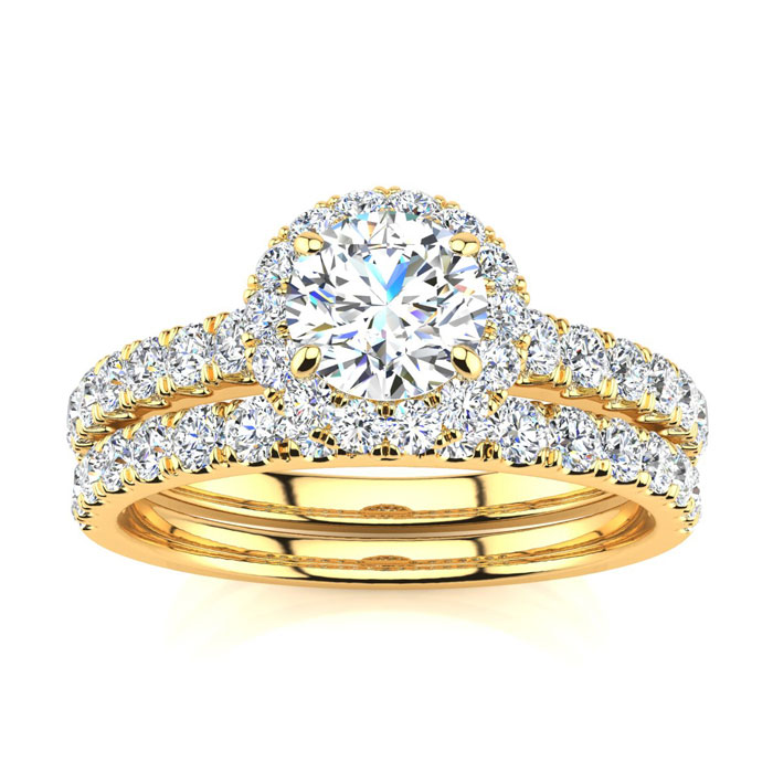 1 Carat Round Moissanite Halo Bridal Ring Set in 14K Yellow Gold (5.50 g), E/F Color, Size 4 by SuperJeweler