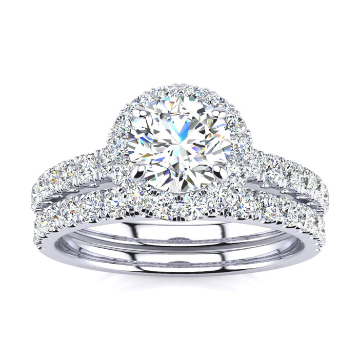 1.5 Carat Round Moissanite Halo Bridal Ring Set in 14K White Gold (5.50 g), E/F Color, Size 4 by SuperJeweler