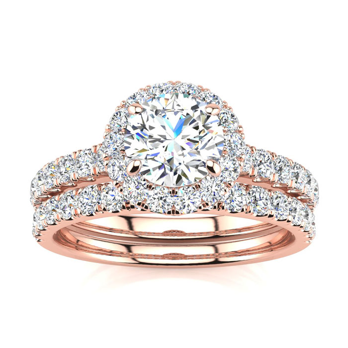 1.5 Carat Round Moissanite Halo Bridal Ring Set in 14K Rose Gold (5.50 g), E/F Color, Size 4 by SuperJeweler