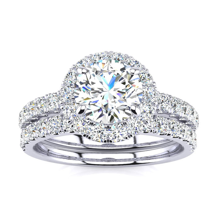 2 Carat Round Moissanite Halo Bridal Ring Set in 14K White Gold (5.80 g), E/F Color, Size 4 by SuperJeweler