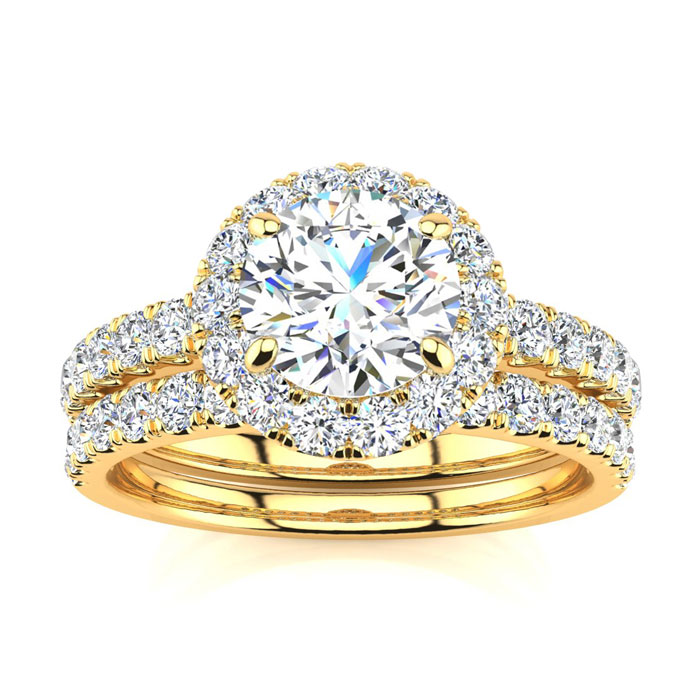 2 Carat Round Moissanite Halo Bridal Ring Set in 14K Yellow Gold (5.80 g), E/F Color, Size 4 by SuperJeweler