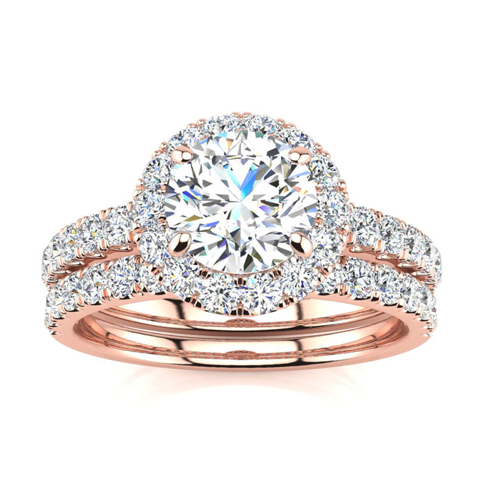 2 Carat Round Moissanite Halo Bridal Ring Set in 14K Rose Gold (5.80 g), E/F Color, Size 4 by SuperJeweler