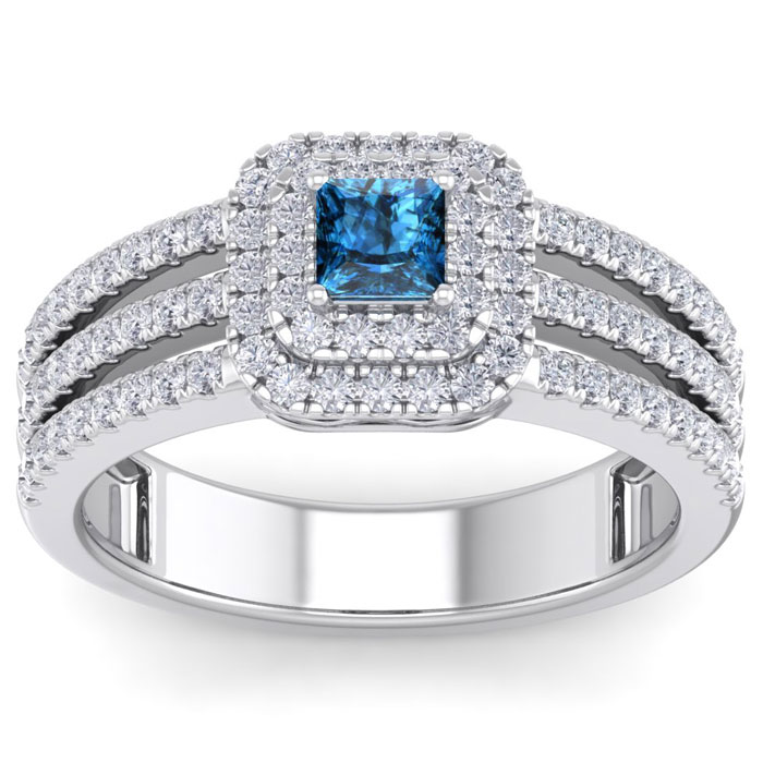 1 Carat Princess Cut Double Halo Blue & White Diamond Engagement Ring in 14K White Gold (5.70 g) (, SI2-I1), Size 4 by SuperJeweler