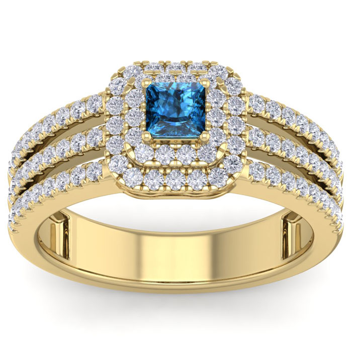 1 Carat Princess Cut Double Halo Blue & White Diamond Engagement Ring in 14K Yellow Gold (5.70 g) (, SI2-I1), Size 4 by SuperJeweler