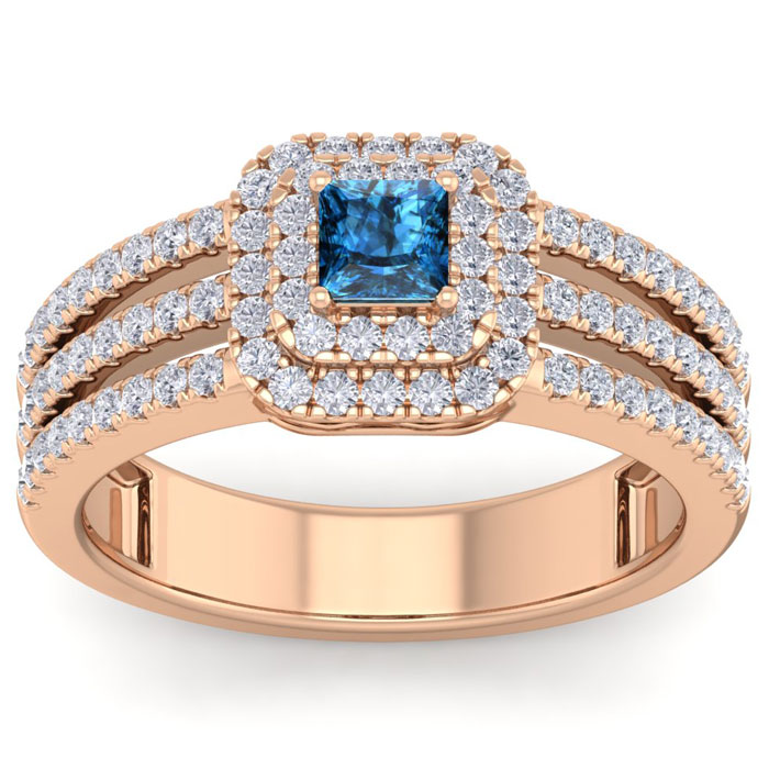 1 Carat Princess Cut Double Halo Blue & White Diamond Engagement Ring in 14K Rose Gold (5.70 g) (, SI2-I1), Size 4 by SuperJeweler