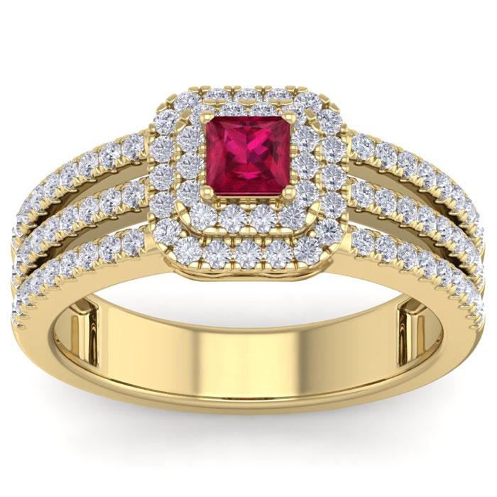 1 Carat Princess Cut Double Halo Ruby & Diamond Engagement Ring in 14K Yellow Gold (5.70 g) (, SI2-I1), Size 4 by SuperJeweler