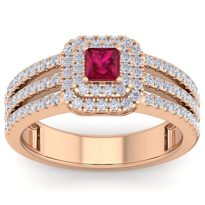 1 Carat Princess Cut Double Halo Ruby & Diamond Engagement Ring in 14K Rose Gold (5.70 g) (, SI2-I1), Size 4 by SuperJeweler