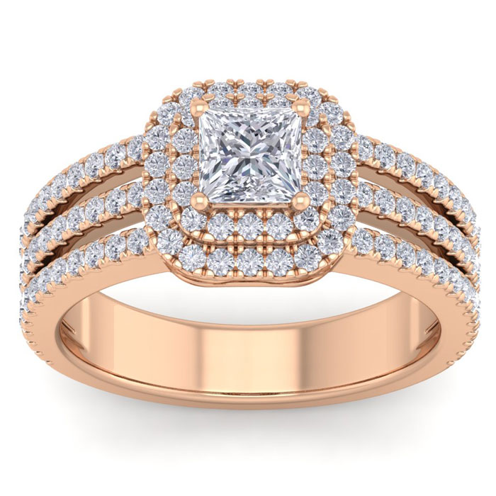 1.5 Carat Princess Cut Double Halo Diamond Engagement Ring in 14K Rose Gold (5.90 g) (, SI2-I1), Size 4 by SuperJeweler