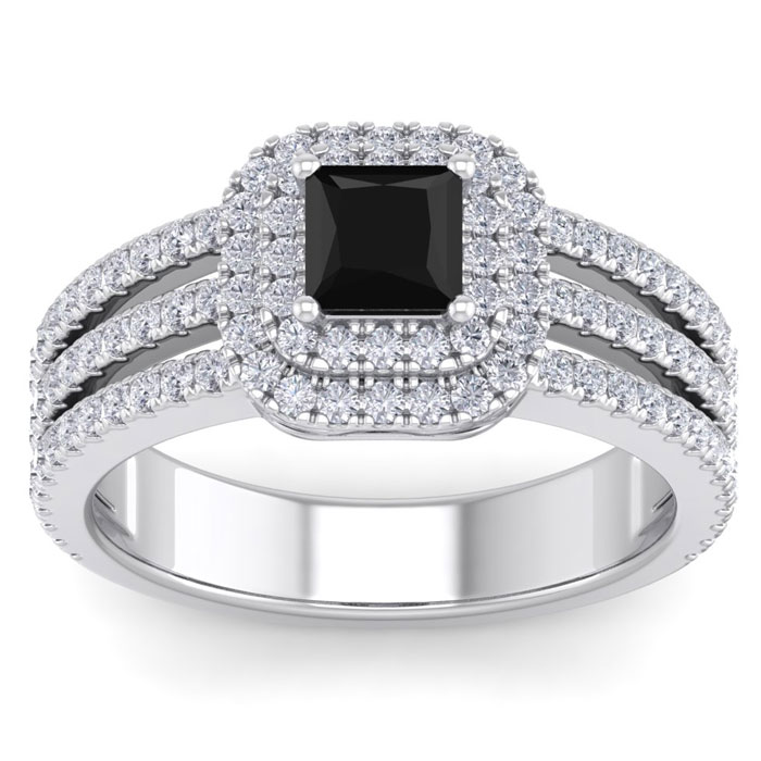 1.5 Carat Princess Cut Double Halo Black & White Diamond Engagement Ring in 14K White Gold (5.90 g) (, SI2-I1), Size 4 by SuperJeweler