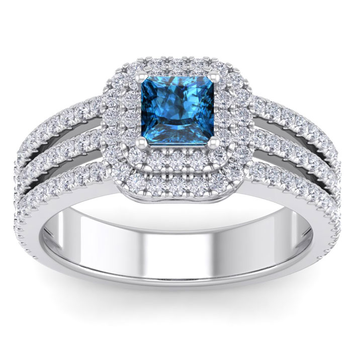 1.5 Carat Princess Cut Double Halo Blue & White Diamond Engagement Ring in 14K White Gold (5.90 g) (, SI2-I1), Size 4 by SuperJeweler