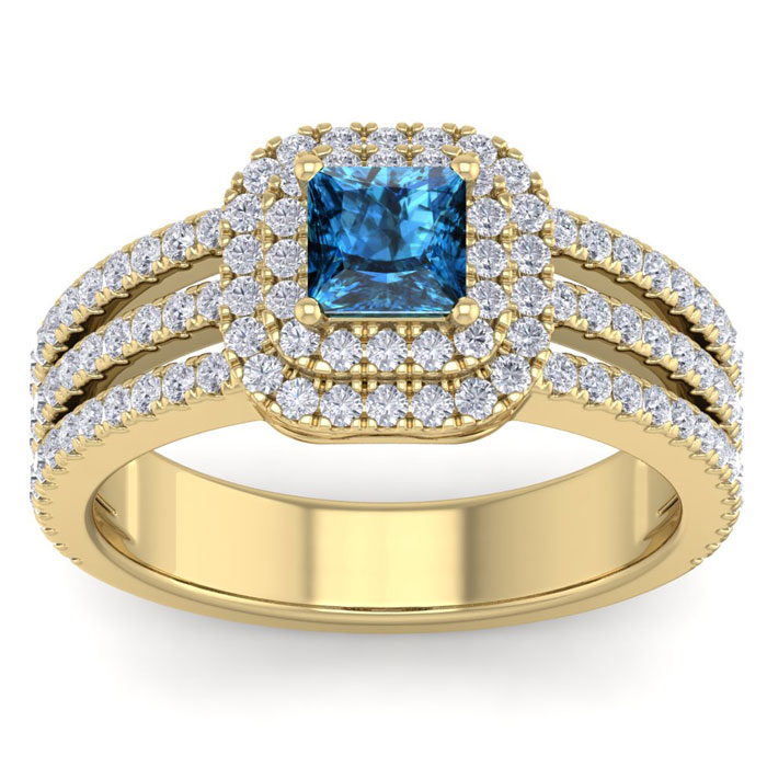 1.5 Carat Princess Cut Double Halo Blue & White Diamond Engagement Ring in 14K Yellow Gold (5.90 g) (, SI2-I1), Size 4 by SuperJeweler