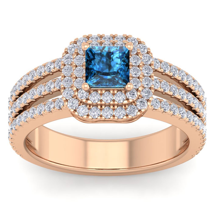 1.5 Carat Princess Cut Double Halo Blue & White Diamond Engagement Ring in 14K Rose Gold (5.90 g) (, SI2-I1), Size 4 by SuperJeweler