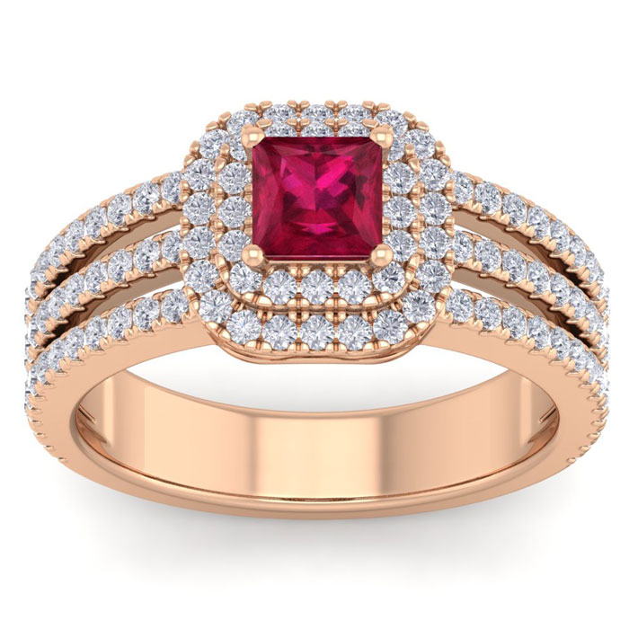 1.5 Carat Princess Cut Double Halo Ruby & Diamond Engagement Ring in 14K Rose Gold (5.90 g) (, SI2-I1), Size 4 by SuperJeweler