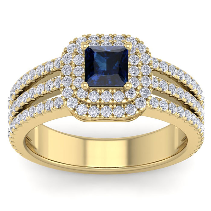 1.5 Carat Princess Cut Double Halo Sapphire & Diamond Engagement Ring in 14K Yellow Gold (5.90 g) (, SI2-I1), Size 4 by SuperJeweler