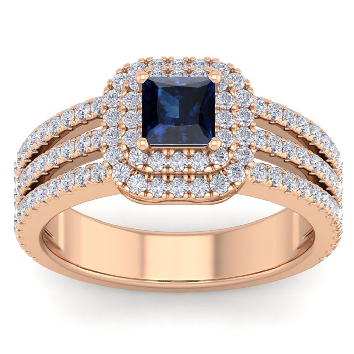 1.5 Carat Princess Cut Double Halo Sapphire & Diamond Engagement Ring in 14K Rose Gold (5.90 g) (, SI2-I1), Size 4 by SuperJeweler