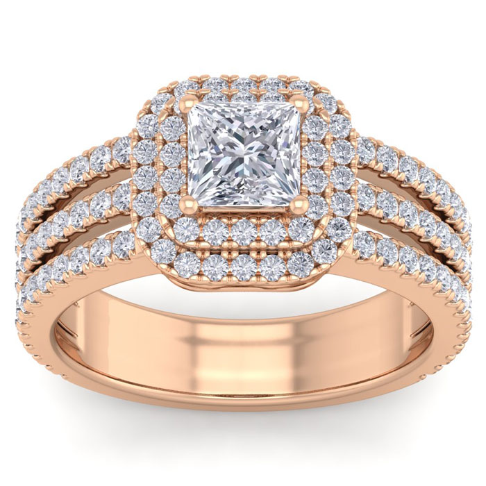 2 Carat Princess Cut Double Halo Diamond Engagement Ring in 14K Rose Gold (6.30 g) (, SI2-I1), Size 4 by SuperJeweler