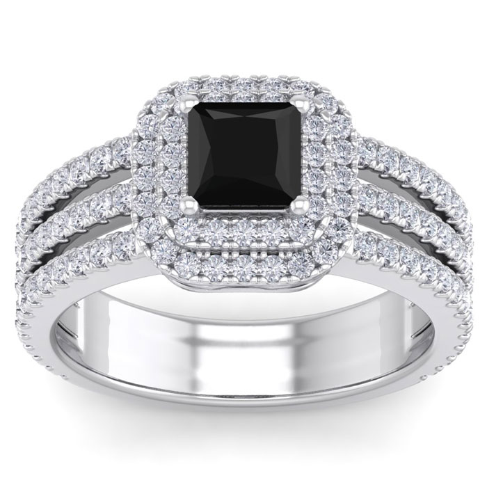 2 Carat Princess Cut Double Halo Black & White Diamond Engagement Ring in 14K White Gold (6.30 g) (, SI2-I1), Size 4 by SuperJeweler