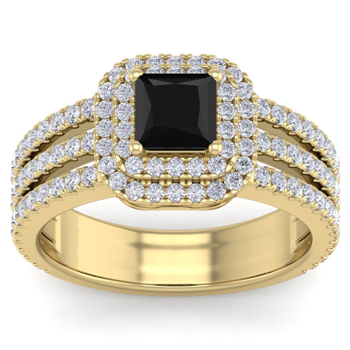 2 Carat Princess Cut Double Halo Black & White Diamond Engagement Ring in 14K Yellow Gold (6.30 g) (, SI2-I1), Size 4 by SuperJeweler