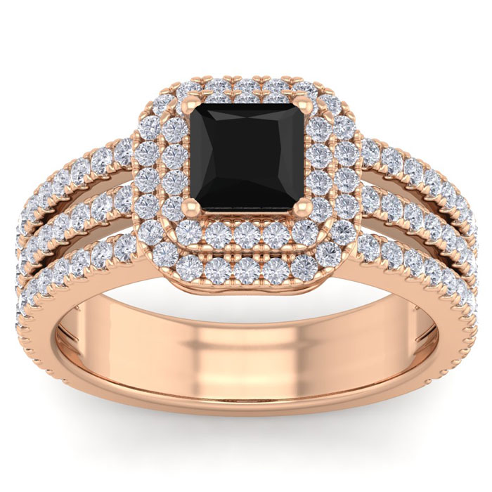 2 Carat Princess Cut Double Halo Black & White Diamond Engagement Ring in 14K Rose Gold (6.30 g) (, SI2-I1), Size 4 by SuperJeweler