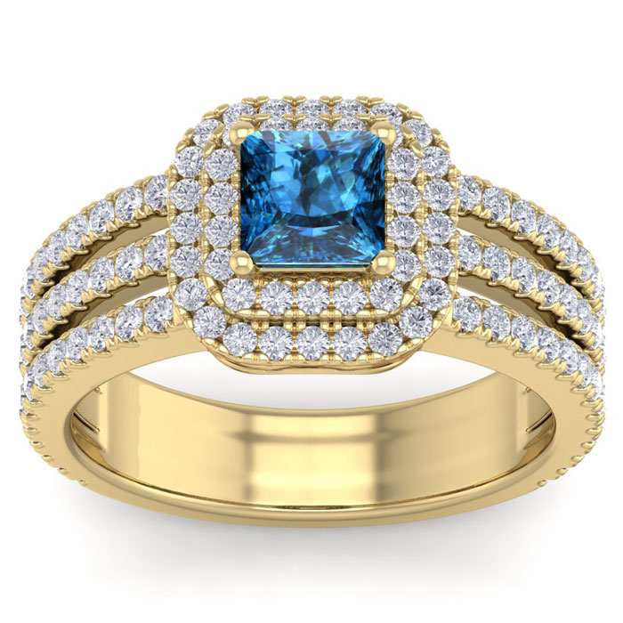 2 Carat Princess Cut Double Halo Blue & White Diamond Engagement Ring in 14K Yellow Gold (6.30 g) (  SI2-I1) by SuperJeweler