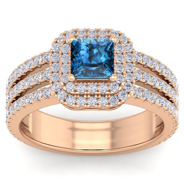 2 Carat Princess Cut Double Halo Blue & White Diamond Engagement Ring in 14K Rose Gold (6.30 g) (  SI2-I1)  Size 4.5 by SuperJeweler