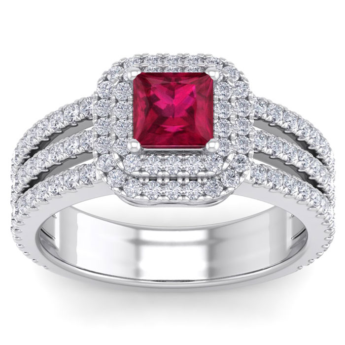 2 Carat Princess Cut Double Halo Ruby & Diamond Engagement Ring in 14K White Gold (6.30 g) (, SI2-I1), Size 4 by SuperJeweler