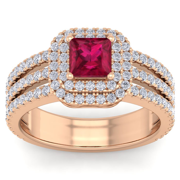 2 Carat Princess Cut Double Halo Ruby & Diamond Engagement Ring in 14K Rose Gold (6.30 g) (, SI2-I1), Size 4 by SuperJeweler