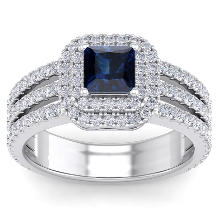 2 Carat Princess Cut Double Halo Sapphire & Diamond Engagement Ring in 14K White Gold (6.30 g) (, SI2-I1), Size 4 by SuperJeweler