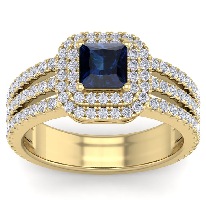 2 Carat Princess Cut Double Halo Sapphire & Diamond Engagement Ring in 14K Yellow Gold (6.30 g) (, SI2-I1), Size 4 by SuperJeweler