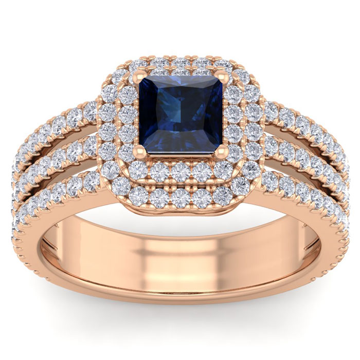 2 Carat Princess Cut Double Halo Sapphire & Diamond Engagement Ring in 14K Rose Gold (6.30 g) (, SI2-I1), Size 4 by SuperJeweler